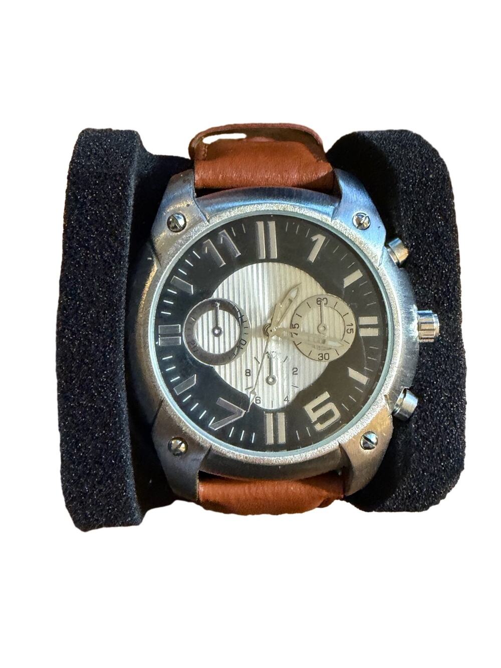 ALDO Men's Chronograph Style Watch Silver Tone Case Brown Leather Strap